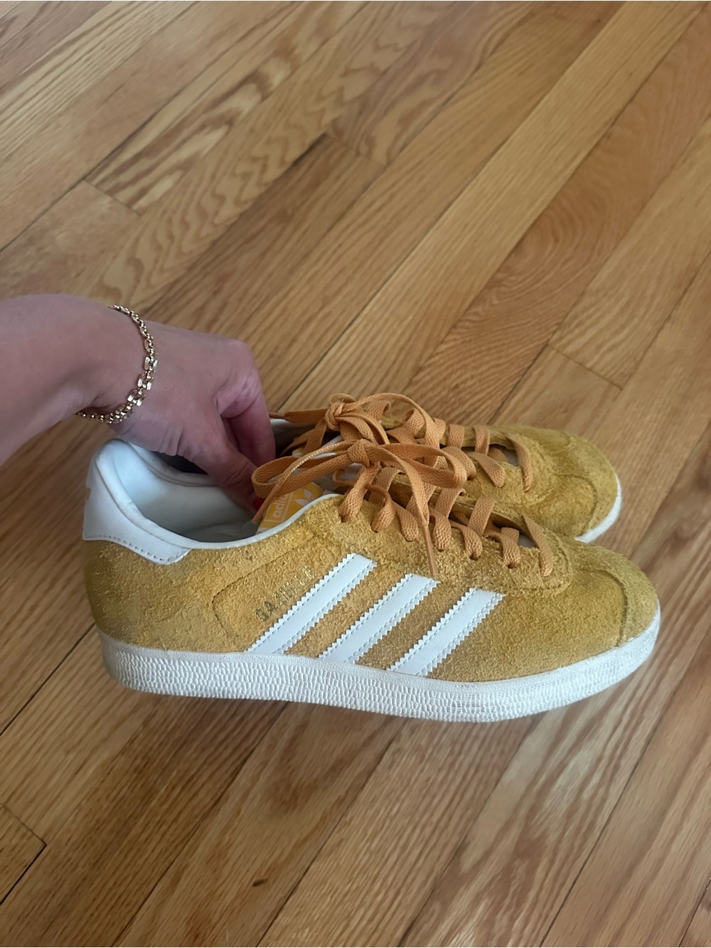 adidas Mustard Yellow Suede Sneakers with White Stripes